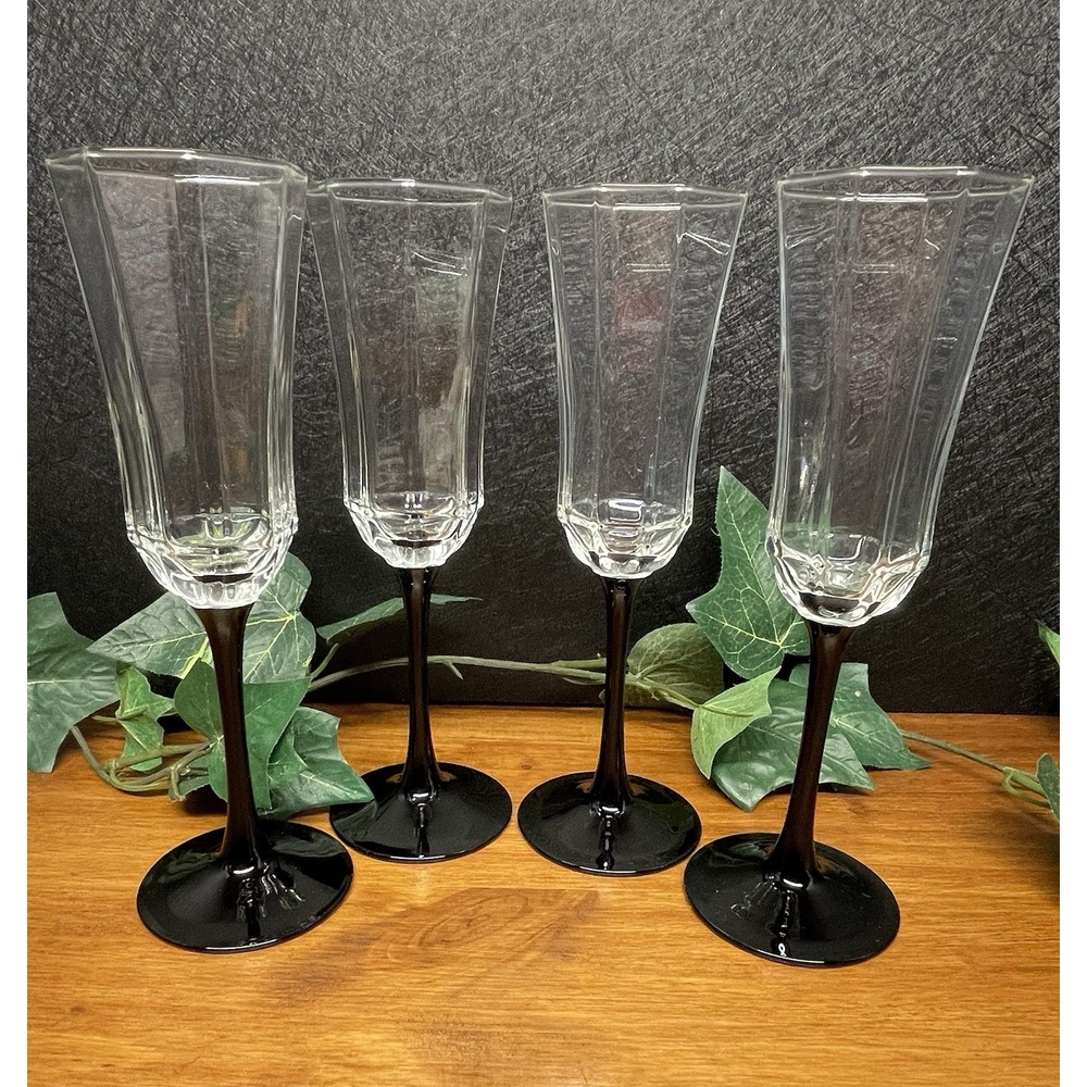 Vintage Luminarc Arcoroc Octime Black Stemmed Champagne Flutes Set Of 4